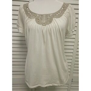 Fei Anthropologie Women's Top SZ S White Tan Lace Collar Cotton Lightweight EUC